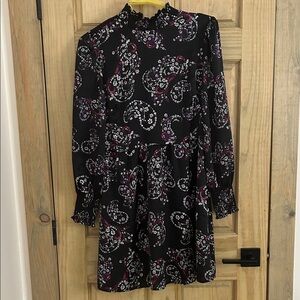 LOFT Black and Purple Paisley Long Sleeve Dress